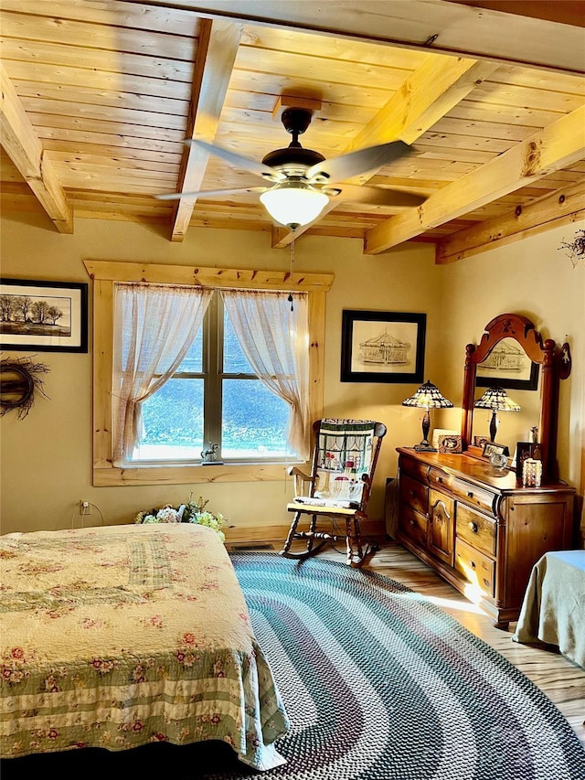 bedroom featuring beam ceiling, wood finished floors, and wood ceiling