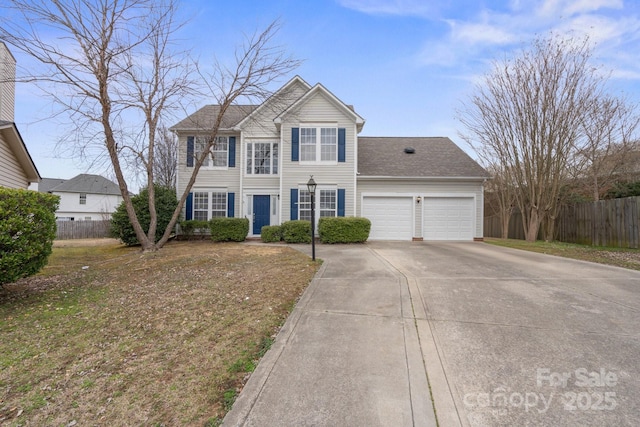 view of front of house with a garage, concrete driveway, a shingled roof, and fence