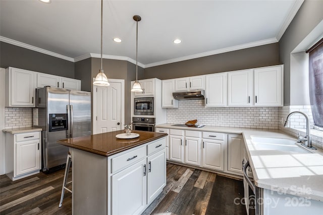 kitchen with under cabinet range hood, dark wood-style floors, stainless steel appliances, and a sink