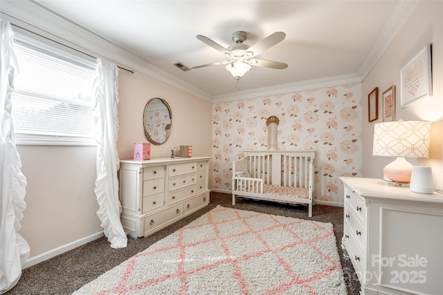 bedroom with baseboards, visible vents, dark carpet, and ornamental molding