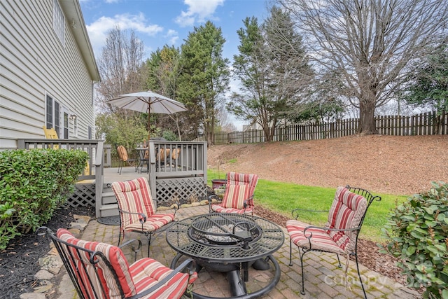 view of patio with a deck and a fenced backyard