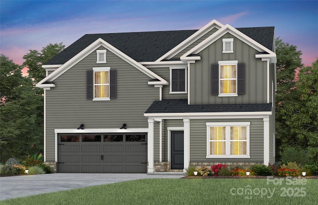 view of front facade with a garage, driveway, board and batten siding, and roof with shingles