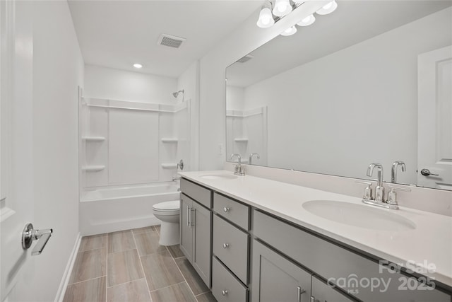 full bathroom featuring toilet, shower / tub combination, a sink, and visible vents