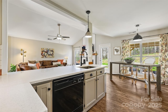 kitchen with black dishwasher, dark wood-style flooring, light countertops, lofted ceiling with beams, and a sink