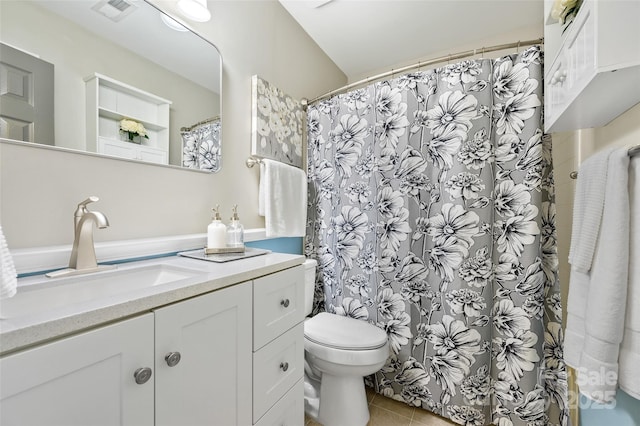 full bath featuring visible vents, toilet, a shower with curtain, tile patterned flooring, and vanity