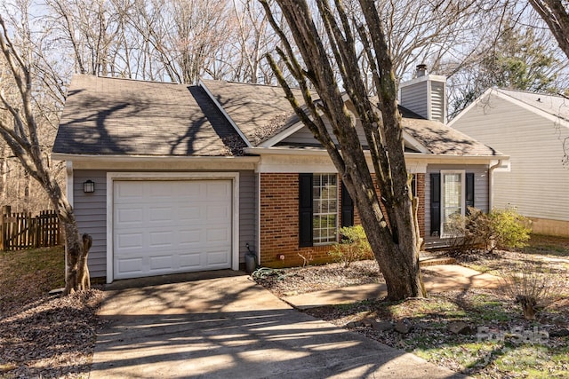 single story home featuring a garage, brick siding, fence, driveway, and a chimney