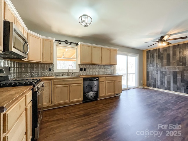 kitchen featuring appliances with stainless steel finishes, dark wood-style flooring, a sink, and backsplash