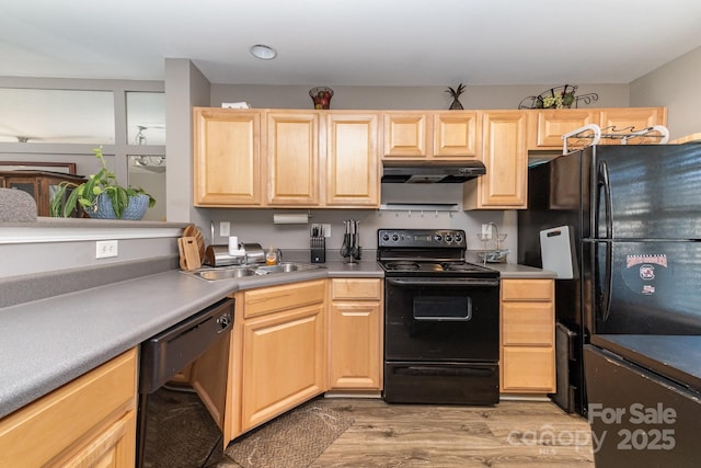 kitchen with light wood-style floors, under cabinet range hood, black appliances, light brown cabinets, and a sink