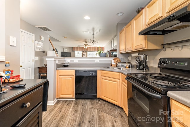 kitchen with visible vents, a sink, a peninsula, under cabinet range hood, and black appliances