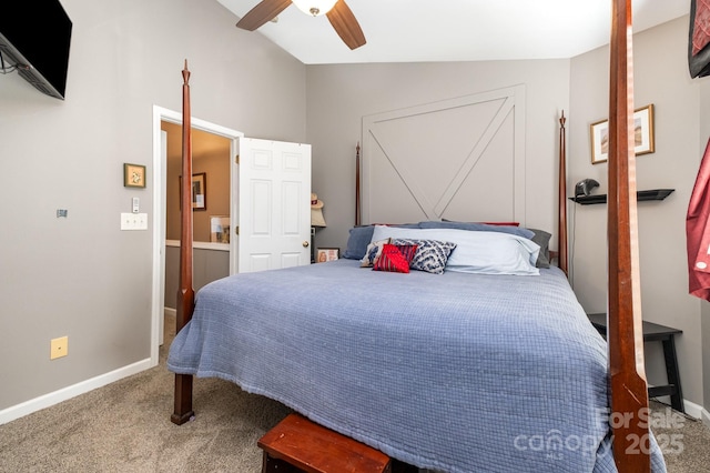 bedroom with a ceiling fan, carpet, vaulted ceiling, and baseboards