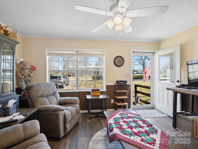 living area with crown molding, plenty of natural light, a textured ceiling, and wood finished floors