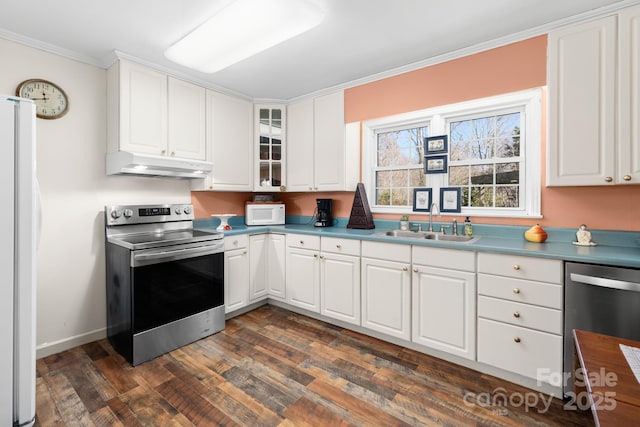 kitchen with crown molding, appliances with stainless steel finishes, dark wood-type flooring, a sink, and under cabinet range hood