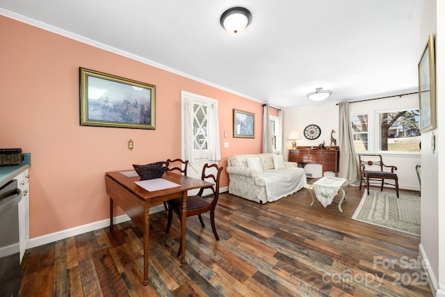 office with baseboards, dark wood-type flooring, and ornamental molding