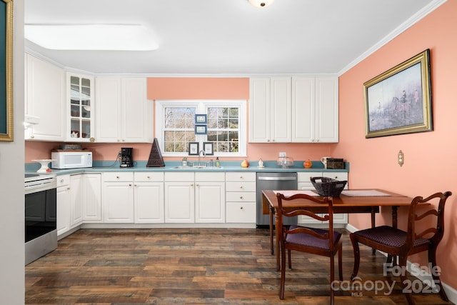 kitchen with stainless steel dishwasher, electric range oven, white microwave, a sink, and dark wood-type flooring