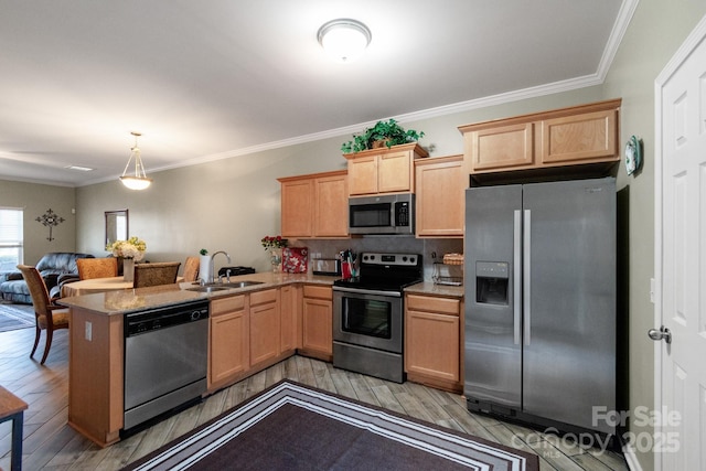 kitchen featuring stainless steel appliances, a peninsula, a sink, open floor plan, and light wood-type flooring