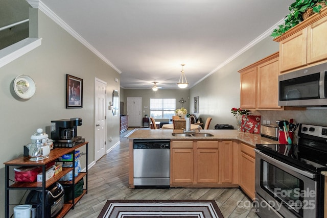 kitchen with a peninsula, a sink, stainless steel appliances, and light countertops