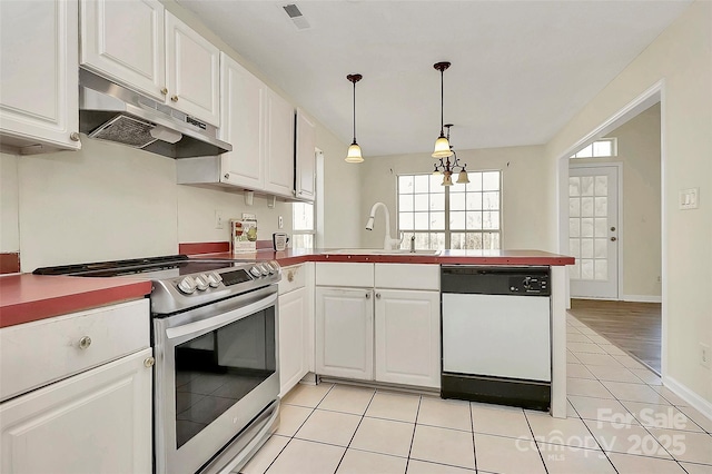 kitchen with stainless steel electric stove, hanging light fixtures, white cabinetry, white dishwasher, and under cabinet range hood