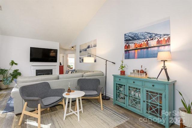 living area with high vaulted ceiling, a fireplace, and wood finished floors