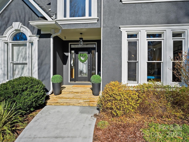 view of exterior entry with stucco siding