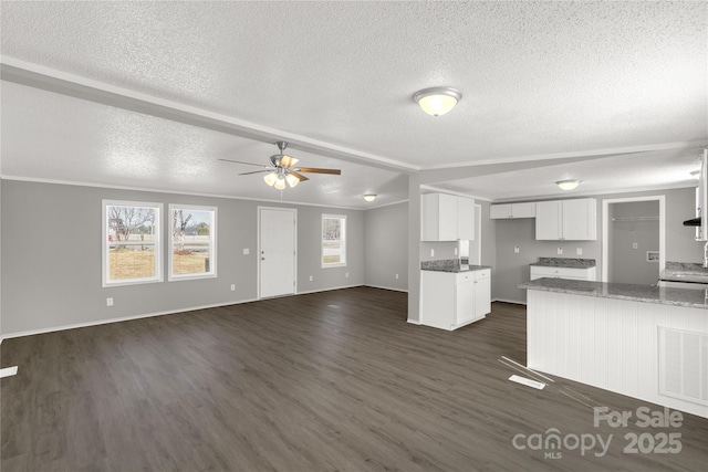 kitchen featuring dark wood-style floors, open floor plan, white cabinets, a textured ceiling, and dark stone countertops