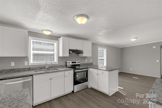 kitchen with a peninsula, stainless steel appliances, under cabinet range hood, white cabinetry, and a sink