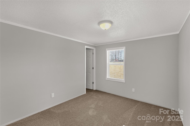 carpeted empty room featuring a textured ceiling and crown molding