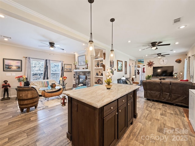 kitchen with crown molding, visible vents, open floor plan, dark brown cabinetry, and light wood-type flooring