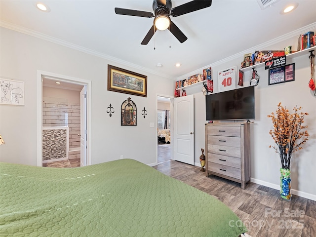 bedroom with ornamental molding, recessed lighting, baseboards, and wood finished floors