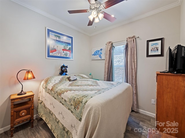 bedroom with dark wood-type flooring, crown molding, baseboards, and ceiling fan