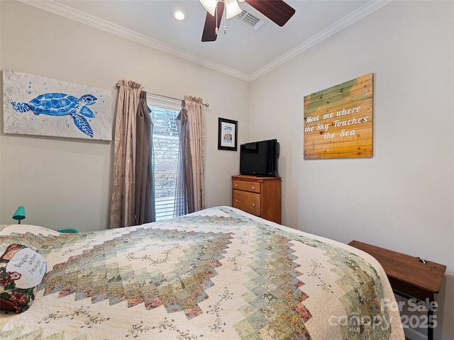 bedroom featuring ceiling fan, visible vents, and ornamental molding