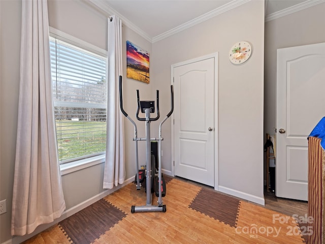 workout room featuring ornamental molding, wood finished floors, and baseboards