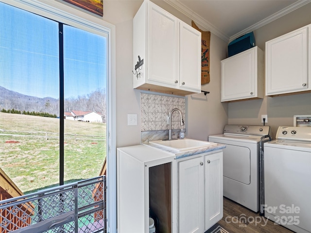 washroom with cabinet space, ornamental molding, a sink, a mountain view, and independent washer and dryer