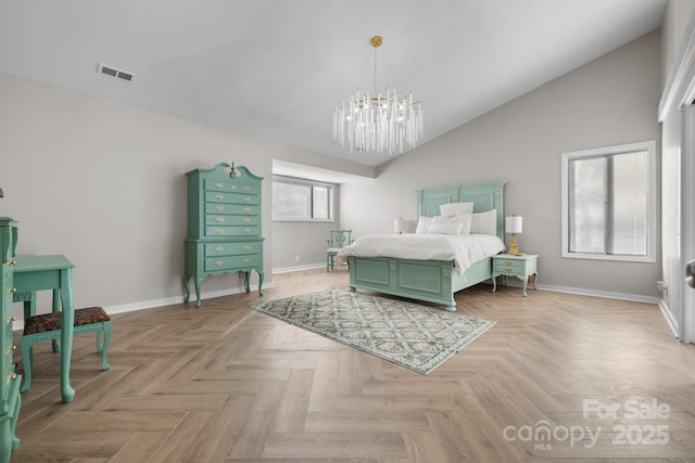 bedroom featuring an inviting chandelier, baseboards, visible vents, and vaulted ceiling