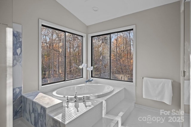 bathroom with vaulted ceiling and a bathing tub