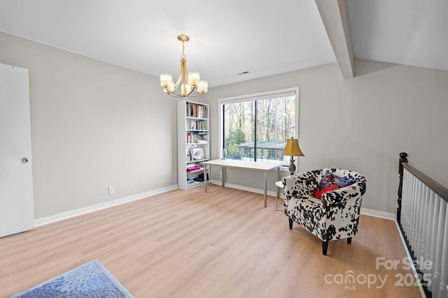 sitting room with light wood finished floors, baseboards, visible vents, and a chandelier