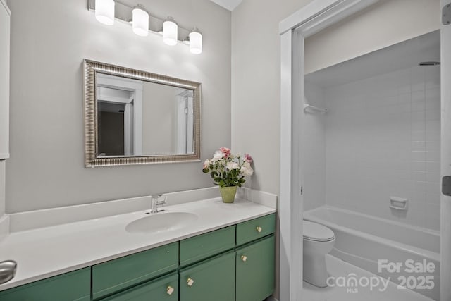 full bath featuring shower / washtub combination, vanity, and toilet