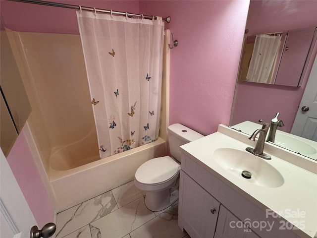 full bathroom featuring vanity, toilet, shower / bathtub combination with curtain, and marble finish floor