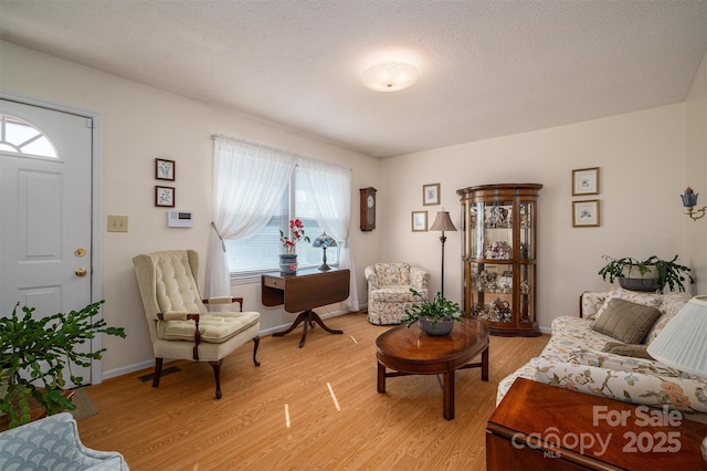 living area with a textured ceiling, wood finished floors, and baseboards