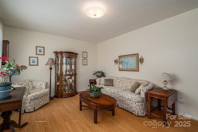 living room with a textured ceiling, baseboards, and light wood-style floors