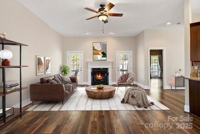 living room featuring a warm lit fireplace, wood finished floors, baseboards, and a wealth of natural light