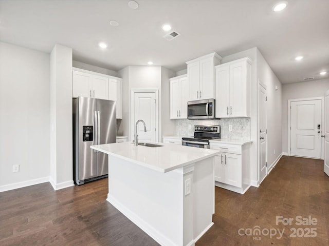 kitchen featuring dark wood-style flooring, tasteful backsplash, visible vents, appliances with stainless steel finishes, and a sink