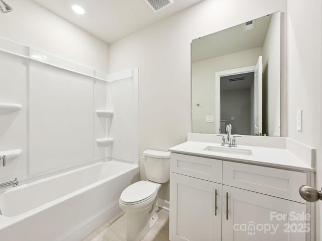 full bath featuring toilet, bathing tub / shower combination, visible vents, and vanity