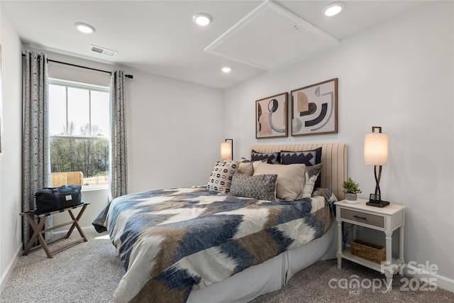 bedroom featuring baseboards, visible vents, dark carpet, and recessed lighting