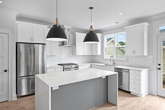 kitchen featuring premium appliances, white cabinetry, a sink, a kitchen island, and wall chimney exhaust hood