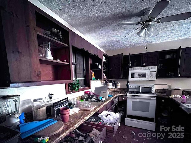 kitchen featuring white appliances, a ceiling fan, open shelves, and a textured ceiling