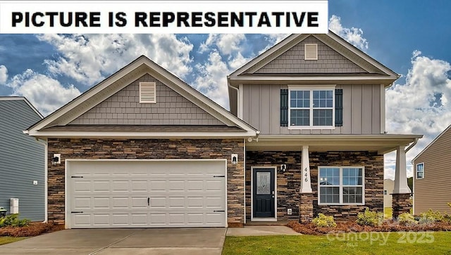 craftsman inspired home featuring driveway, stone siding, board and batten siding, and an attached garage