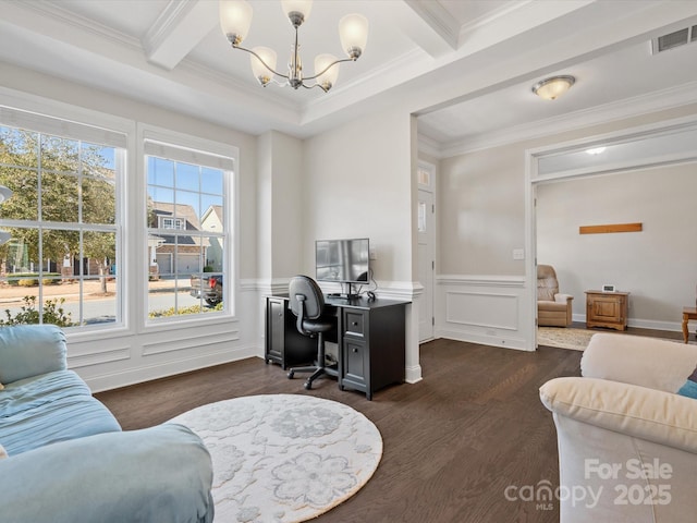 office with dark wood finished floors, crown molding, visible vents, a chandelier, and beamed ceiling