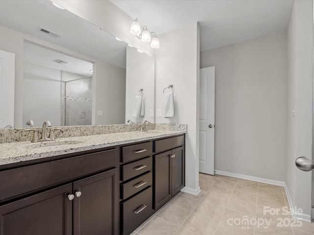 full bathroom with double vanity, visible vents, a sink, a shower stall, and tile patterned flooring