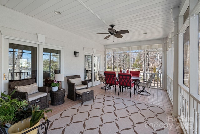 sunroom featuring a ceiling fan and wooden ceiling