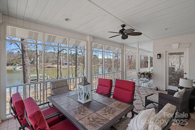 sunroom with a ceiling fan, wood ceiling, and a water view